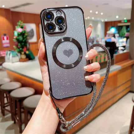 For iPhone 16 Pro Max Case Compatible with MagSafe TPU Phone Cover with Strap Heart Gradient Sparkle - Black