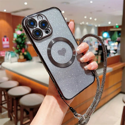 For iPhone 16 Pro Max Case Compatible with MagSafe TPU Phone Cover with Strap Heart Gradient Sparkle