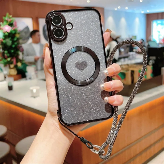 For iPhone 16 Case Compatible with MagSafe TPU Phone Cover with Strap Heart Gradient Sparkle - Black