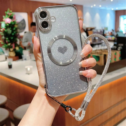 For iPhone 16 Case Compatible with MagSafe TPU Phone Cover with Strap Heart Gradient Sparkle - Silver