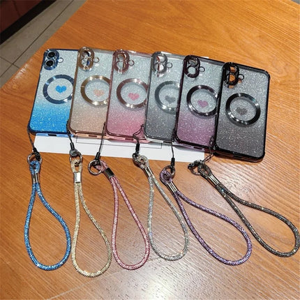 For iPhone 16 Case Compatible with MagSafe TPU Phone Cover with Strap Heart Gradient Sparkle
