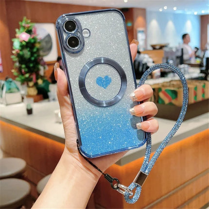 For iPhone 16 Case Compatible with MagSafe TPU Phone Cover with Strap Heart Gradient Sparkle - Blue