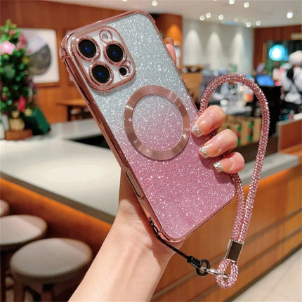For iPhone 16 Pro Max Case Compatible with MagSafe Electroplated Gradient Glitter Phone Cover with Lanyard