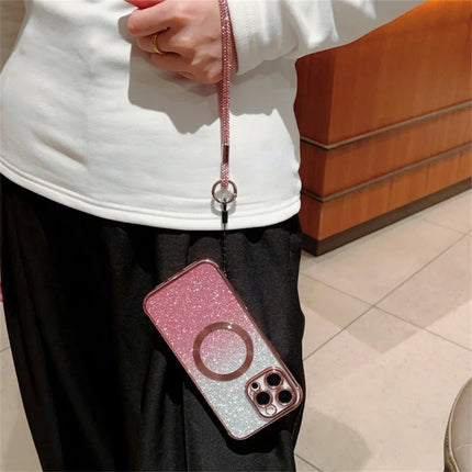 For iPhone 16 Pro Max Case Compatible with MagSafe Electroplated Gradient Glitter Phone Cover with Lanyard