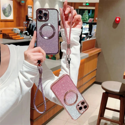 For iPhone 16 Pro Max Case Compatible with MagSafe Electroplated Gradient Glitter Phone Cover with Lanyard