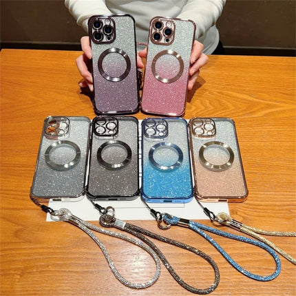 For iPhone 16 Pro Max Case Compatible with MagSafe Electroplated Gradient Glitter Phone Cover with Lanyard