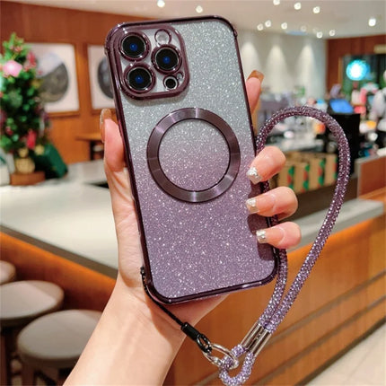 For iPhone 16 Pro Max Case Compatible with MagSafe Electroplated Gradient Glitter Phone Cover with Lanyard - Dark Purple