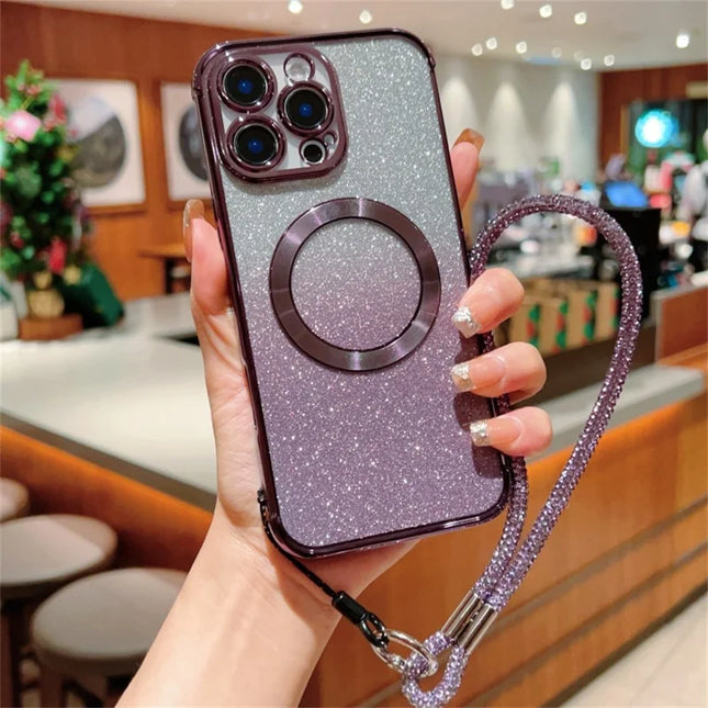 For iPhone 16 Pro Max Case Compatible with MagSafe Electroplated Gradient Glitter Phone Cover with Lanyard - Dark Purple