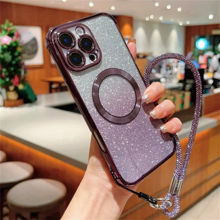 For iPhone 16 Pro Max Case Compatible with MagSafe Electroplated Gradient Glitter Phone Cover with Lanyard