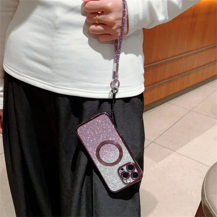 For iPhone 16 Pro Max Case Compatible with MagSafe Electroplated Gradient Glitter Phone Cover with Lanyard