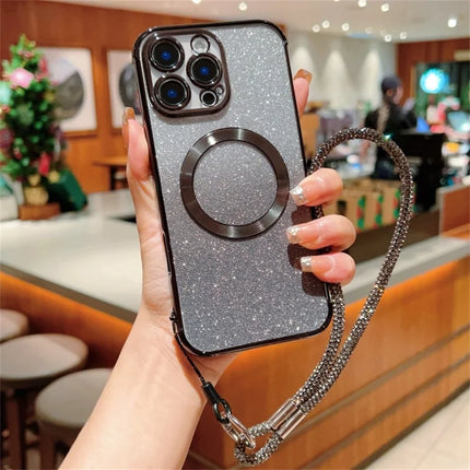 For iPhone 16 Pro Max Case Compatible with MagSafe Electroplated Gradient Glitter Phone Cover with Lanyard - Black