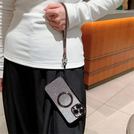 For iPhone 16 Pro Max Case Compatible with MagSafe Electroplated Gradient Glitter Phone Cover with Lanyard