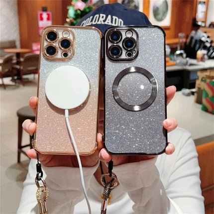 For iPhone 16 Pro Max Case Compatible with MagSafe Electroplated Gradient Glitter Phone Cover with Lanyard