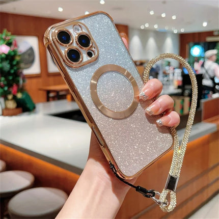 For iPhone 16 Pro Max Case Compatible with MagSafe Electroplated Gradient Glitter Phone Cover with Lanyard