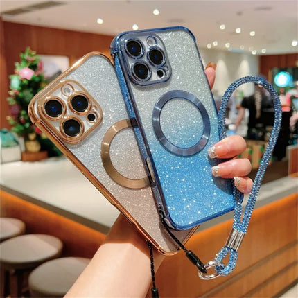 For iPhone 16 Pro Max Case Compatible with MagSafe Electroplated Gradient Glitter Phone Cover with Lanyard