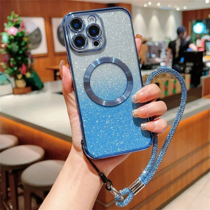 For iPhone 16 Pro Max Case Compatible with MagSafe Electroplated Gradient Glitter Phone Cover with Lanyard - Blue