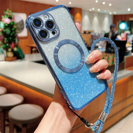 For iPhone 16 Pro Max Case Compatible with MagSafe Electroplated Gradient Glitter Phone Cover with Lanyard