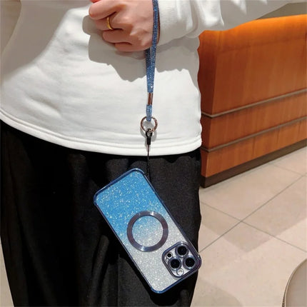 For iPhone 16 Pro Max Case Compatible with MagSafe Electroplated Gradient Glitter Phone Cover with Lanyard