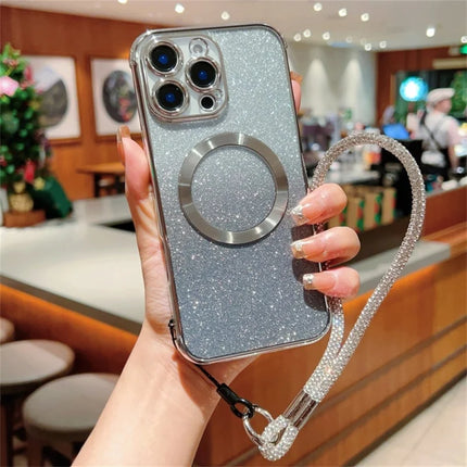 For iPhone 16 Pro Max Case Compatible with MagSafe Electroplated Gradient Glitter Phone Cover with Lanyard - Silver