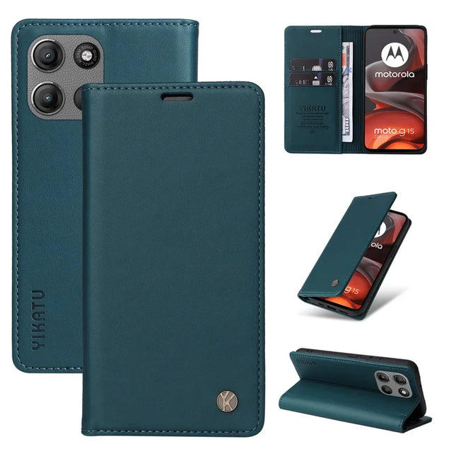 For Motorola Moto G15 4G Wallet Case YIKATU YK- 001 PU Leather Phone Cover with Stand - Green