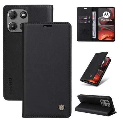For Motorola Moto G15 4G Wallet Case YIKATU YK- 001 PU Leather Phone Cover with Stand - Black