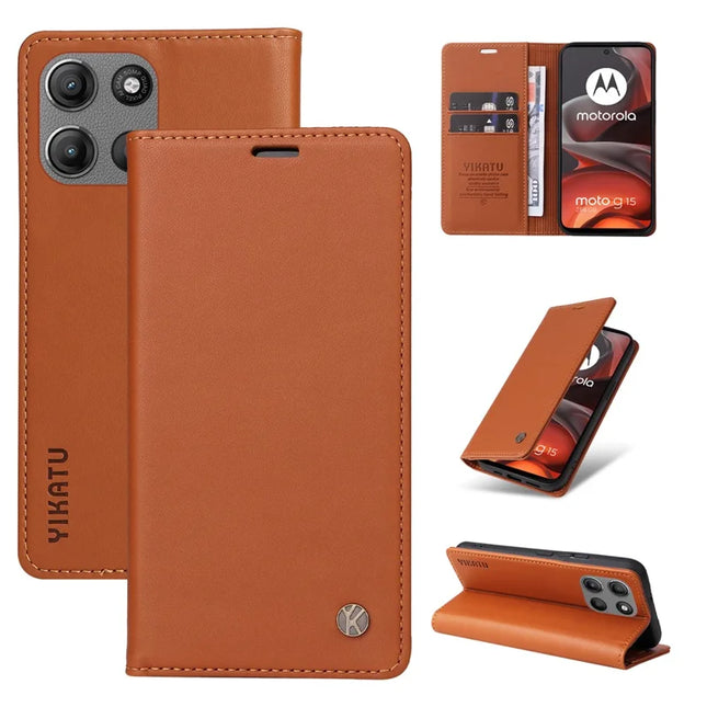 For Motorola Moto G15 4G Wallet Case YIKATU YK- 001 PU Leather Phone Cover with Stand - Brown