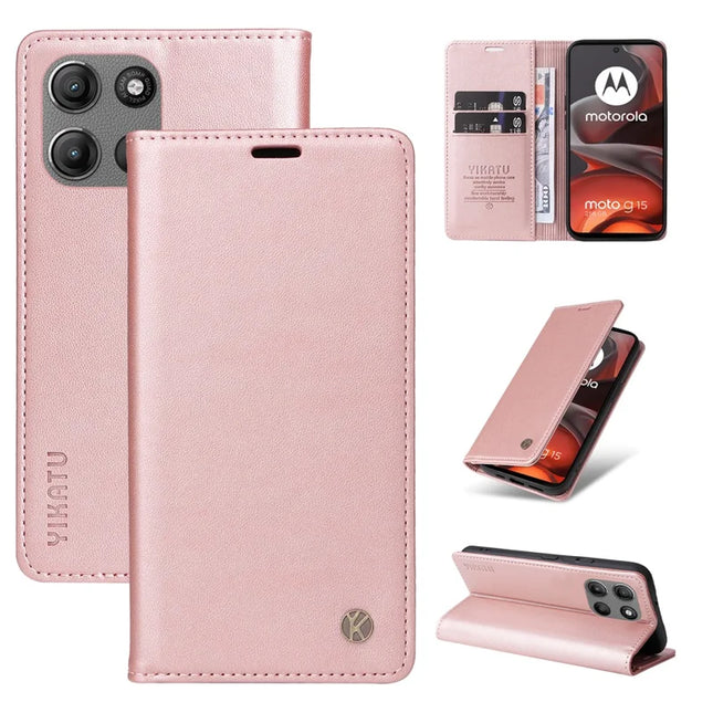 For Motorola Moto G15 4G Wallet Case YIKATU YK- 001 PU Leather Phone Cover with Stand -  Rose Gold