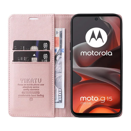 For Motorola Moto G15 4G Wallet Case YIKATU YK- 001 PU Leather Phone Cover with Stand -  Rose Gold