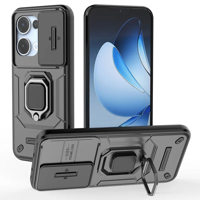 For Oppo Reno13 5G (Global) Case PC + TPU Kickstand Phone Protector with Lens Cover - Black