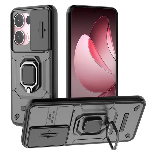 For Oppo Reno13 Pro 5G Case PC + TPU Kickstand Phone Protector with Lens Cover - Black