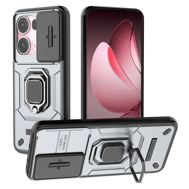 For Oppo Reno13 Pro 5G Case PC + TPU Kickstand Phone Protector with Lens Cover - Grey