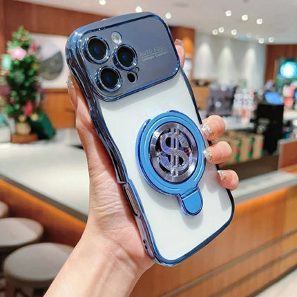 For iPhone 16 Pro Max Case TPU Clear Case Dollar Pattern Kickstand Phone Cover Wave Frame