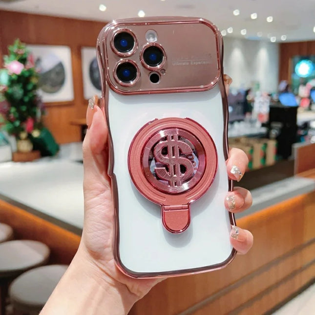 For iPhone 16 Pro Max Case TPU Clear Case Dollar Pattern Kickstand Phone Cover Wave Frame - Rose Pink