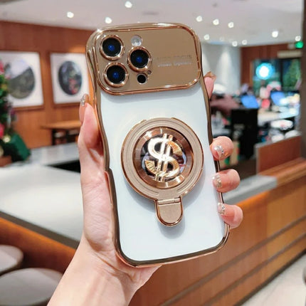 For iPhone 16 Pro Max Case TPU Clear Case Dollar Pattern Kickstand Phone Cover Wave Frame - Gold