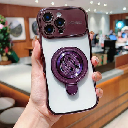 For iPhone 16 Pro Max Case TPU Clear Case Dollar Pattern Kickstand Phone Cover Wave Frame - Dark Purple