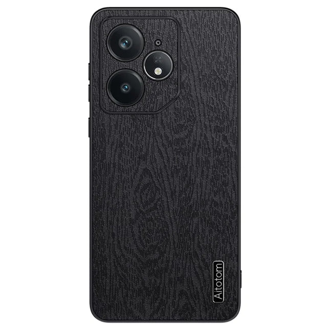 For Realme Neo7 5G Case Wood Texture PU Leather Coated PC TPU Phone Cover - Black