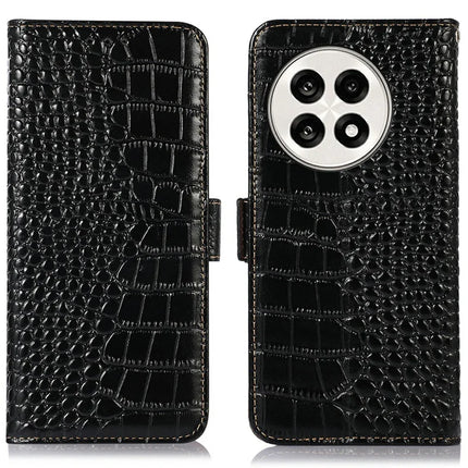Genuine Cow Leather Phone Case for OnePlus Ace 5 Pro 5G / Ace 5 5G / 13R 5G Crocodile Texture Phone Wallet Cover - Black