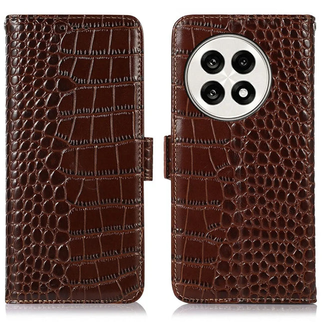 Genuine Cow Leather Phone Case for OnePlus Ace 5 Pro 5G / Ace 5 5G / 13R 5G Crocodile Texture Phone Wallet Cover - Brown