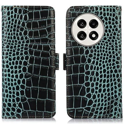 Genuine Cow Leather Phone Case for OnePlus Ace 5 Pro 5G / Ace 5 5G / 13R 5G Crocodile Texture Phone Wallet Cover - Green