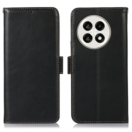 Genuine Cow Leather Phone Case for OnePlus Ace 5 Pro 5G / Ace 5 5G / 13R 5G RFID Blocking Wallet Cover - Black