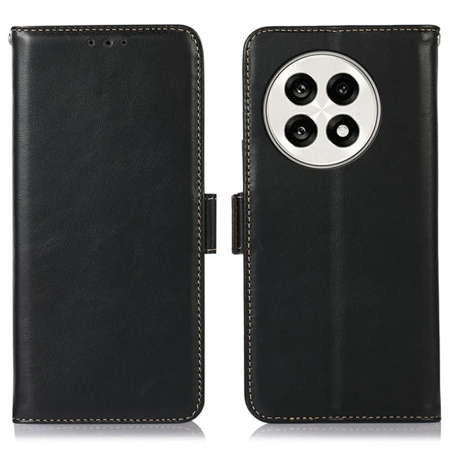 Genuine Cow Leather Phone Case for OnePlus Ace 5 Pro 5G / Ace 5 5G / 13R 5G RFID Blocking Wallet Cover - Black