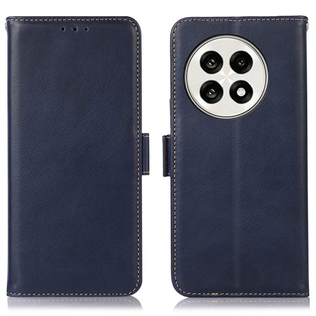 Genuine Cow Leather Phone Case for OnePlus Ace 5 Pro 5G / Ace 5 5G / 13R 5G RFID Blocking Wallet Cover - Blue