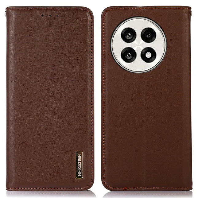 KHAZNEH Genuine Cow Leather Wallet Case for OnePlus Ace 5 Pro 5G / Ace 5 5G / 13R 5G Nappa Texture Phone Cover - Brown