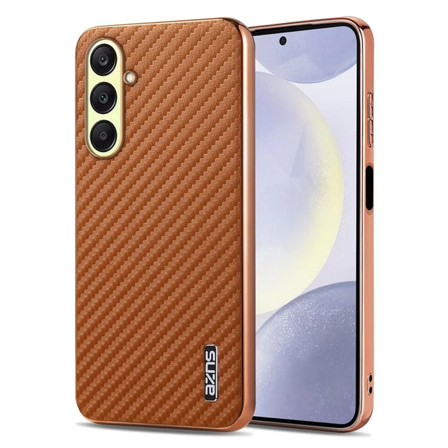 AZNS For Samsung Galaxy A56 5G Case Electroplating Carbon Fiber Texture PU + TPU Phone Cover - Brown