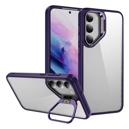 For Samsung Galaxy S23 Case Lens Frame Kickstand TPU + Acrylic Protective Phone Cover - Dark Purple