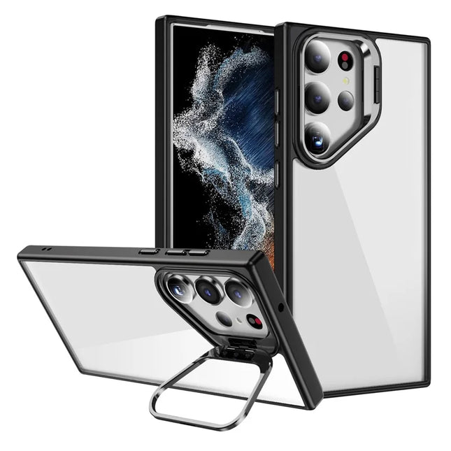 For Samsung Galaxy S23 Ultra Case Lens Frame Kickstand TPU + Acrylic Protective Phone Cover - Black