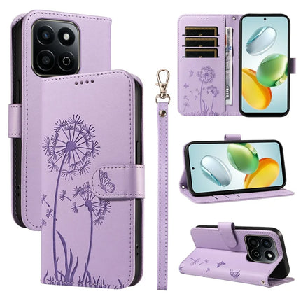 Leather Case for Honor Play 60 Plus 5G / 200 Smart 5G / Play 9T / X7c 4G Wallet Phone Cover Dandelion Imprint - Purple