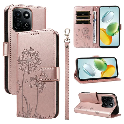Leather Case for Honor Play 60 Plus 5G / 200 Smart 5G / Play 9T / X7c 4G Wallet Phone Cover Dandelion Imprint - Rose Gold