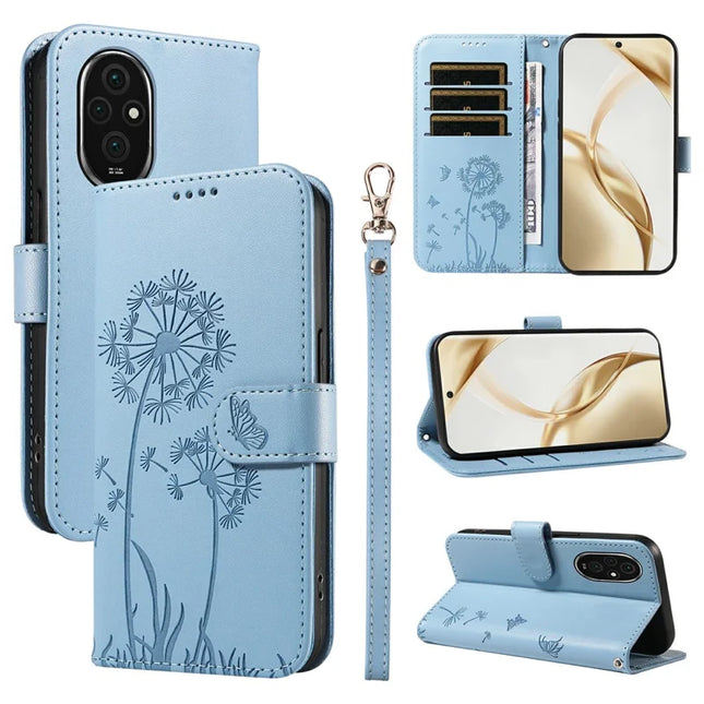 For Honor 200 5G Leather Case Wallet Phone Cover Dandelion Imprint - Sky Blue