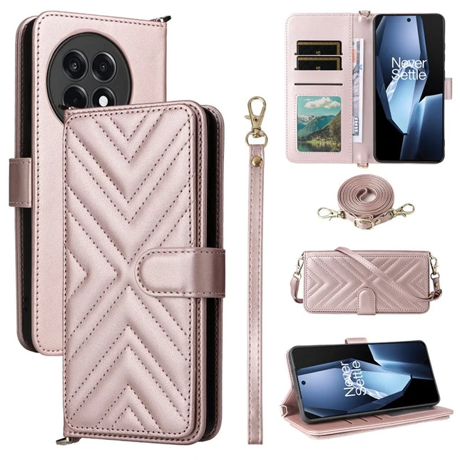 Wallet Phone Case for OnePlus Ace 5 5G / Ace 5 Pro 5G / 13R 5G Leather Phone Cover with Shoulder Strap - Pink